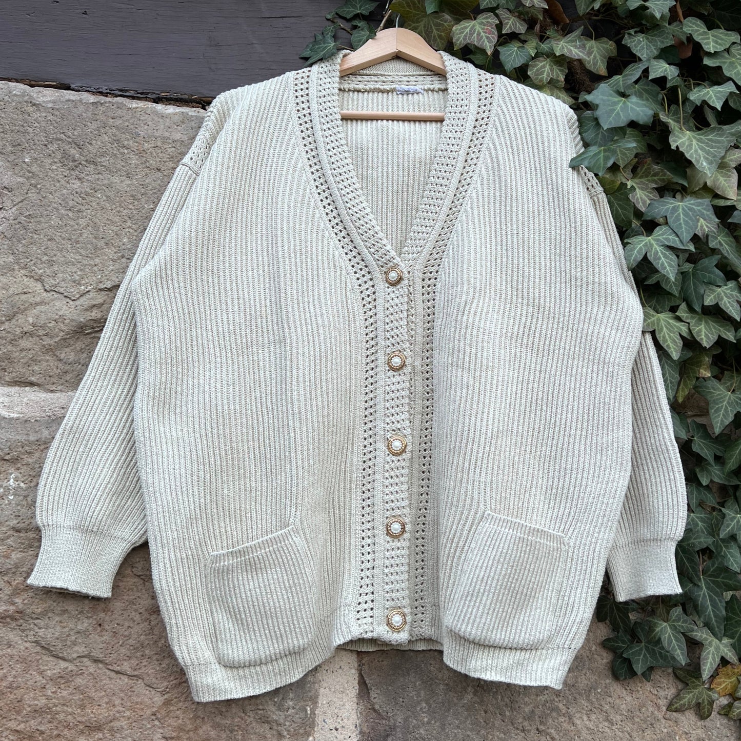 Vintage Strickjacke Knit Beige Gold-M